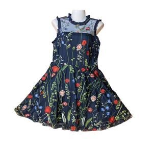 City Studios Juniors Navy Floral-Embroidered Fit Flare Dress Size 9